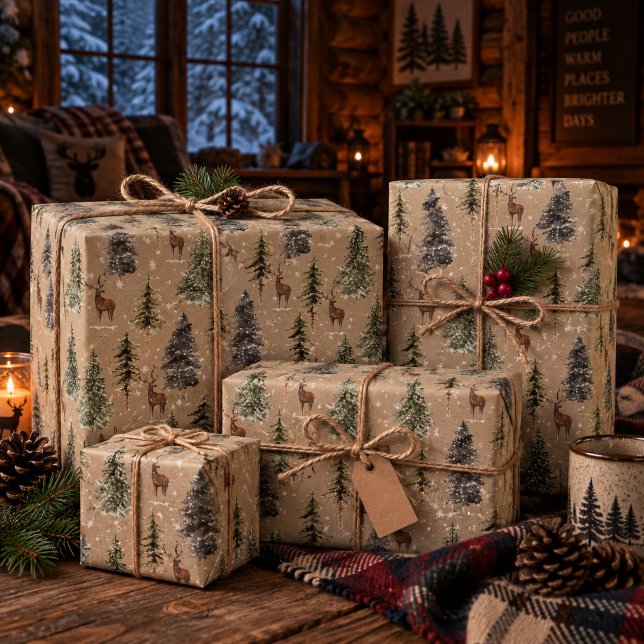 Rustika Kraft Vinter Skogsgranskog & Hjort Presentpapper (Skapare uppladdad)