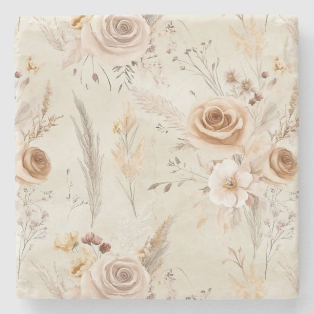 Rustika Kräm Boho Blommor Stenunderlägg (Framsidan)