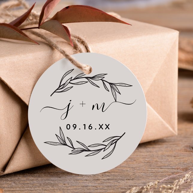 Rustika lagerbladskriftinitialer Bröllop Gåvor Etiketter (Rustic Laurel Leaves Script Initials Wedding Favor Tags)