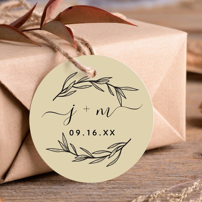 Rustika lagerbladskriftinitialer Bröllop Gåvor Etiketter (Rustic Laurel Leaves Script Initials Wedding Favor Tags)