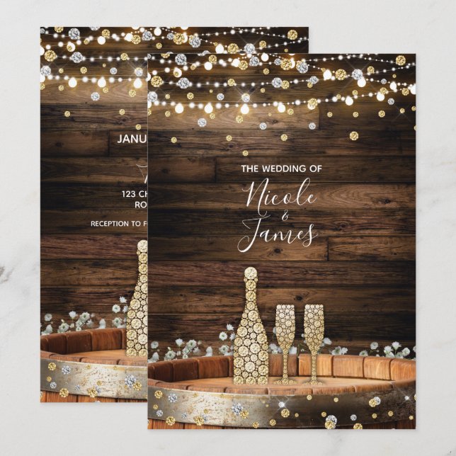 Rustika lampor i träfat champagne modern bröllopsf inbjudningar (Fram/baksida)