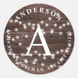 Rustika lampor med trästräng och monogram för retu runt klistermärke