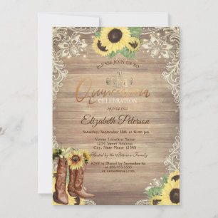 Rustika lampor, spets, stövlar Sunflowers Quinceañ Inbjudningar