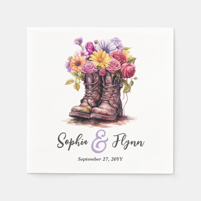 Rustika landliga bröllop med blomstermotiv i akvar pappersservett (Framsidan)