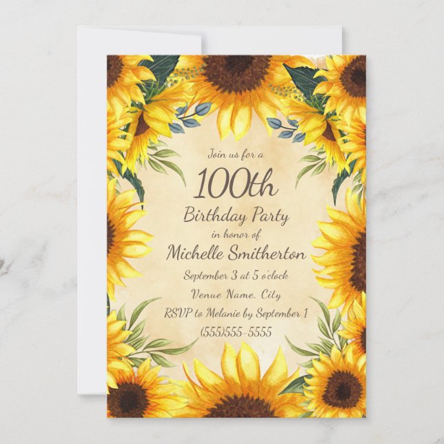 Rustika Landsbygdens Gula Solrosor 100-årsdag Inbjudningar (Framsida)