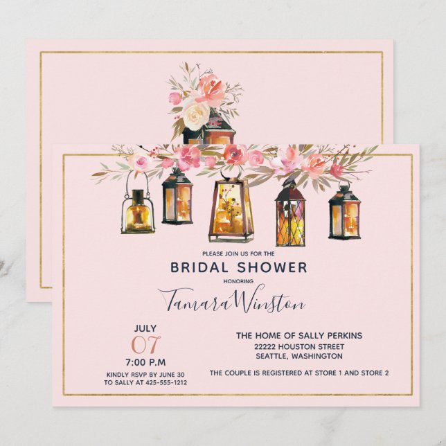 Rustika Lanternor i Roséguld Bröllopsfest Inbjudningar (Fram/baksida)