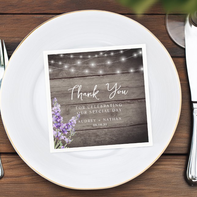 Rustika Lila Ljussatta Bröllop Tack Pappersservett (Rustic Lavender Lights Wedding Thank You Napkins)