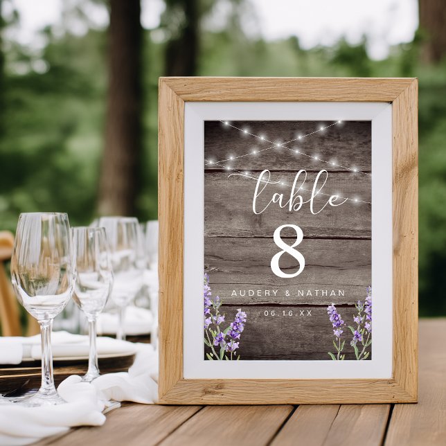 Rustika Lila Ljussatta Bröllops Bordnummer Bordsnummer (Rustic Lavender Lights Wedding Table Number)