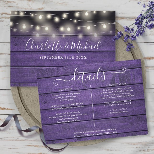 Rustika Lila Trädgårdsbelysning Bröllopsdetaljer Inbjudningar (Rustic Purple Wood String Lights Wedding Details Invitation)
