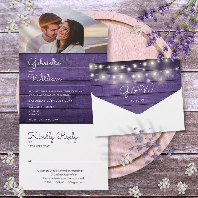 Rustika Lila Trädgårdsbelysning Foto Bröllop (Rustic Purple Wood String Lights Photo Wedding All In One Invitation)