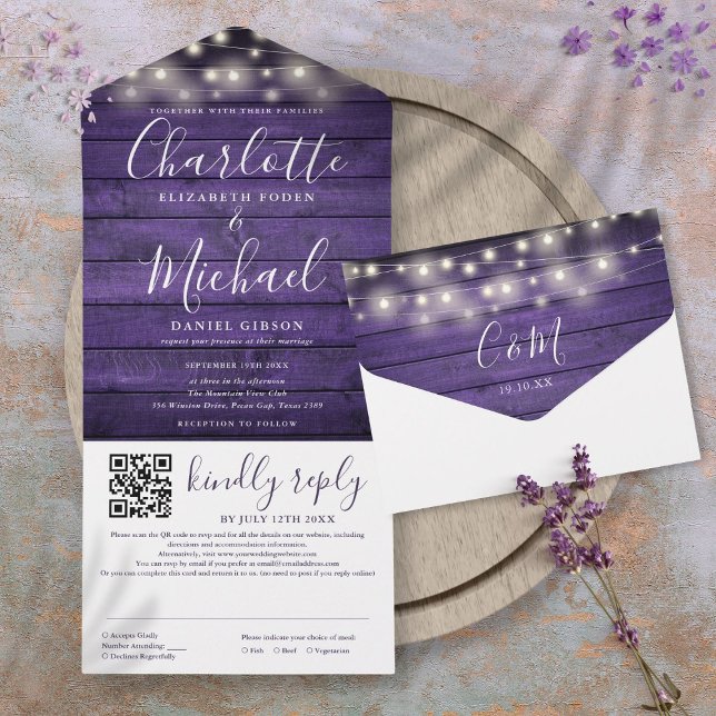 Rustika Lila Trädgårdsbelysning QR-kod Bröllop  (Rustic Purple Wood String Lights QR Code Wedding All In One Invitation)