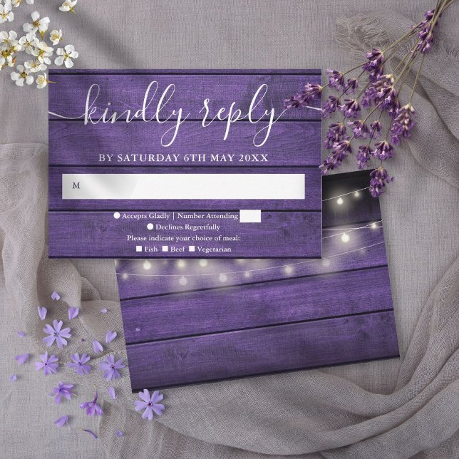 Rustika Lila Trästrängljus Bröllop OSA Kort (Rustic Purple Wood String Lights Wedding RSVP Card)