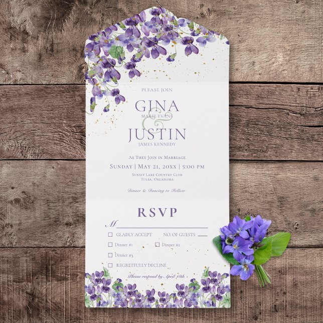 Rustika lila violer Guldglans Middag (Rustic Purple Violets Gold Sparkle All In One Wedding Invitation with Dinner Options)