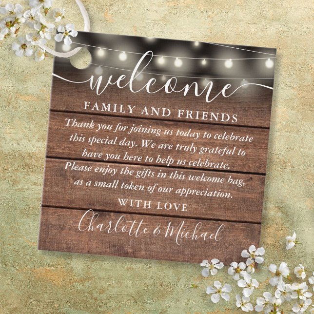 Rustika Ljus Bröllop Välkomstpresent Korgpåse Gåvor Etiketter (Rustic Lights Wedding Welcome Gift Basket Bag Favor Tags)