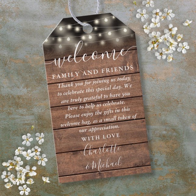 Rustika Ljus Bröllopspresent Välkomstkorg Bag Presentetikett (Rustic Lights Wedding Favor Welcome Basket Bag Gift Tags)