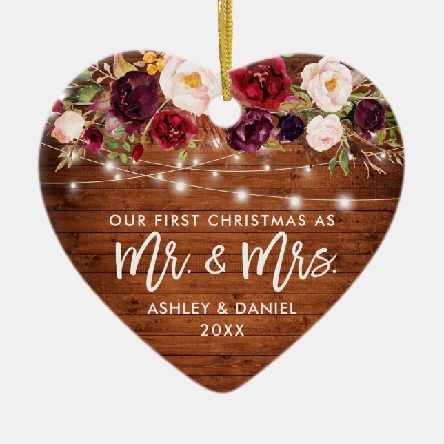 Rustika Ljus i Burgunderröda Blommor Första Julen Julgransprydnad Keramik (Framsidan)