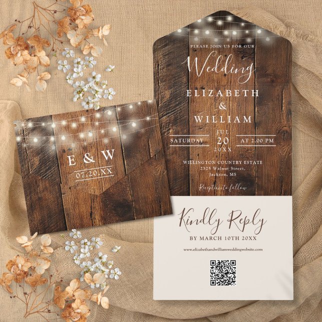 Rustika Ljus i lada sträng ljus QR-kod Bröllop (Rustic Barn Wood String Lights QR Code Wedding All In One Invitation)