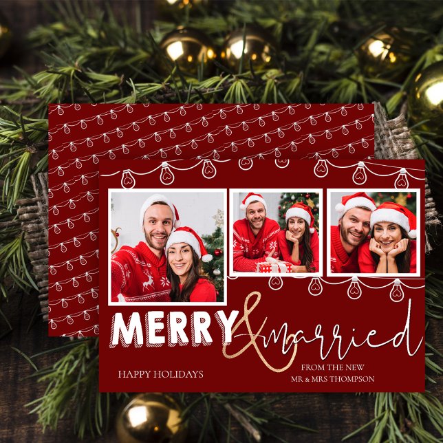 Rustika Ljus i Rött för Julen & Gifta Foto (Rustic Red String Lights Merry & Married Photo Holiday Card)
