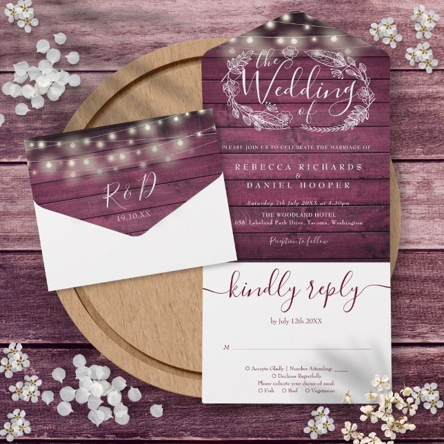 Rustika Ljus i Rött Trä för Bröllop (Rustic Red Wood String Lights Floral Wedding All In One Invitation)