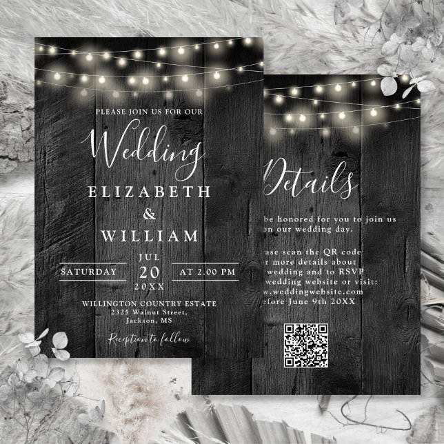 Rustika Ljus i Svart Trä för Bröllop med QR-kod Inbjudningar (Rustic Black Wood Wedding String Lights QR Code Invitation)