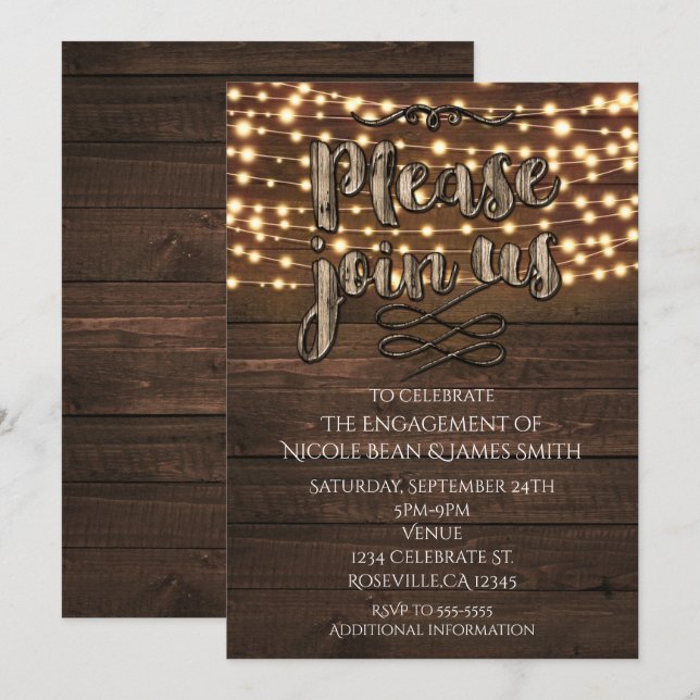 Rustika Ljus i Trä Eleganta Strängljus Inbjudan (Fram/baksida)
