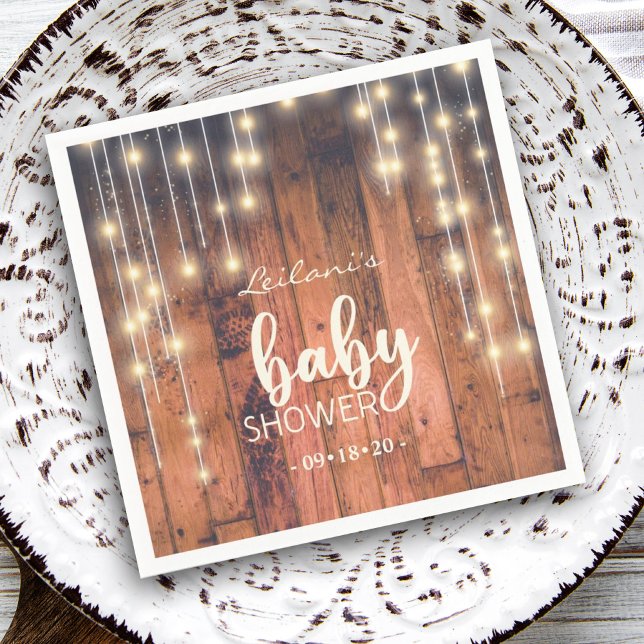 Rustika Ljus i Trä för Barnkalas Pappersservett (Rustic wood string lights baby shower napkin is a perfect touch to your celebration.)