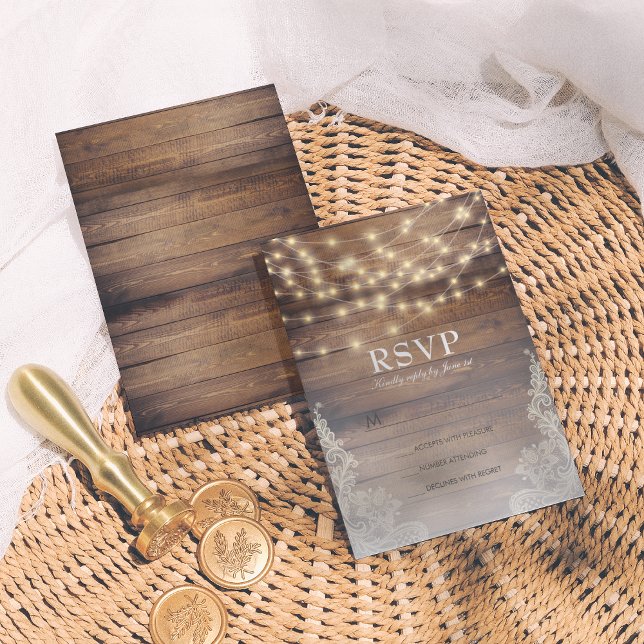 Rustika Ljus i Trä & Lampkedja | Antik Spets RSVP OSA Kort (Skapare uppladdad)