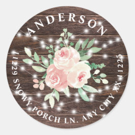 Rustika Ljus i Trä med Blommotiv för Returadress Runt Klistermärke