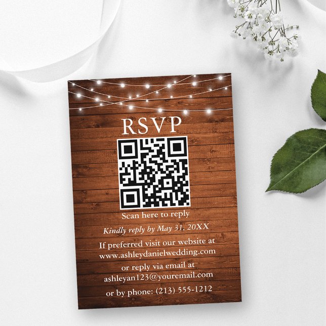 Rustika Ljus i Trä Snurra QR Bröllop RSVP Tilläggskort (Customize with your QR code image and text.)