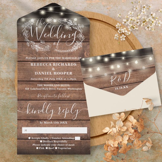 Rustika Ljus i Träbod för Bröllop Blommig Allt  (Rustic Barn Wood String Lights Floral Wedding All All In One Invitation)