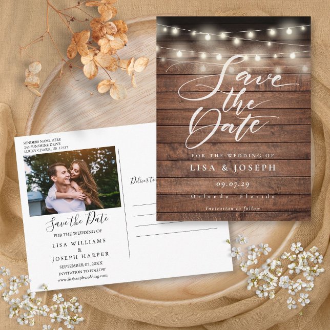 Rustika Ljus i Tråd Spara Datum Foto Vykort (Rustic Wood String Lights Save the Date Photo Postcard)