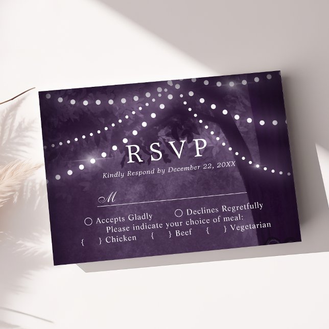 Rustika Ljus i Träd Sträng Purple Bröllop RSVP OSA Kort (Skapare uppladdad)