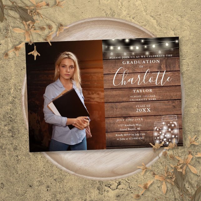 Rustika Ljus i Tråd till Foto och Examenfest Inbjudningar (Rustic Wood String Lights Photo Graduation Party Invitation)