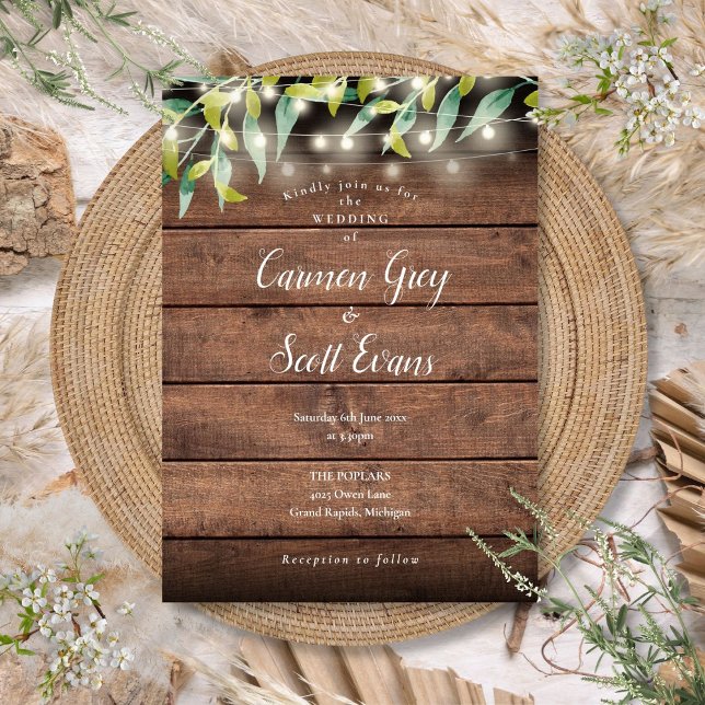 Rustika Ljus i Trädgård med Eukalyptus för Bröllop Inbjudningar (Rustic Wood Eucalyptus String Lights Wedding Invitation)