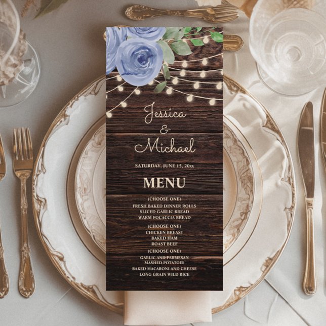 Rustika Ljus i Trädgårdsstilvänlig Blå Blommig Brö Meny (Rustic wood, dusty blue floral, and string lights wedding menu)