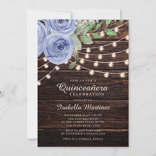 Rustika Ljus i Trädsnöre med Blå Blommor Quinceañe Inbjudningar (Framsida)