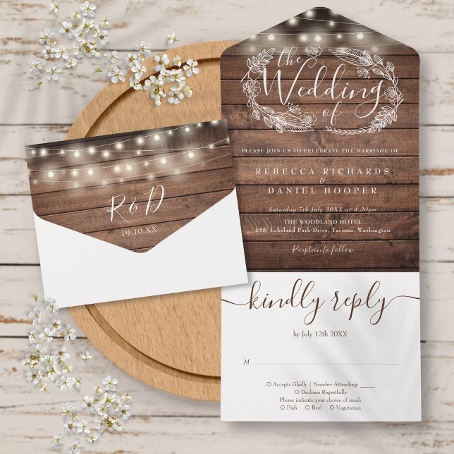 Rustika Ljus i Trädsnöre till Bröllop (Rustic Wood String Lights Script Floral Wedding All In One Invitation)