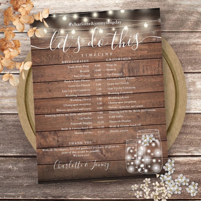 Rustika Ljus i Träslag för Bröllopsprogram Tidslin (Rustic Wood String Lights Wedding Program Timeline)