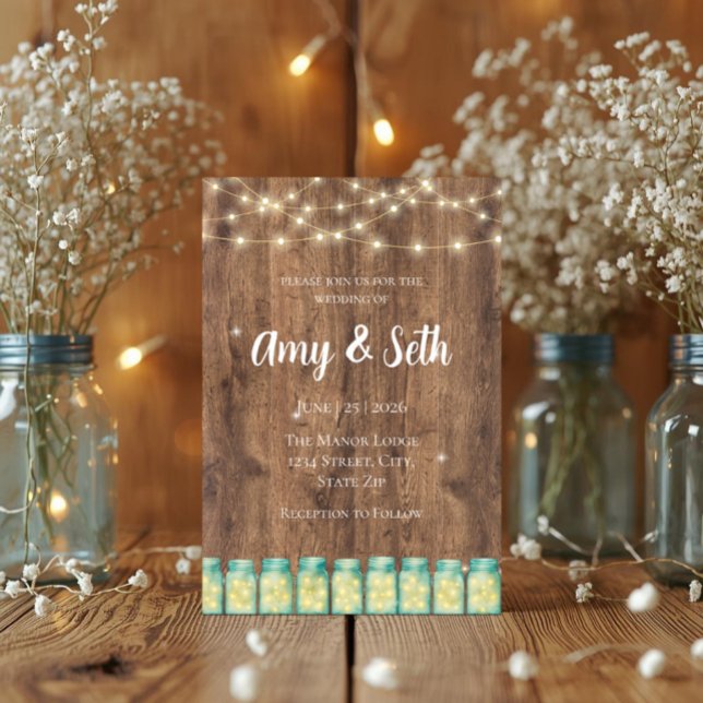 Rustika Ljus i Träslinga Blå Murarljus Bröllop Inbjudningar (Rustic barn wedding invite with blue mason jars and glowing string lights)