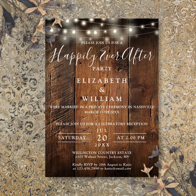Rustika Ljus i Träslinga för Bröllopsmottagning Inbjudningar (Rustic Barn Wood String Lights Wedding Reception Invitation)