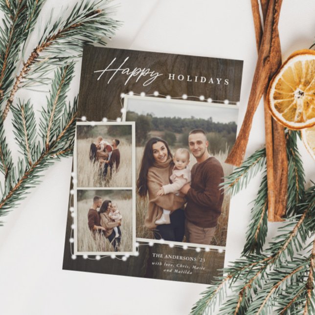 Rustika Ljus Kulor 3 Foto Collage Julkort (Rustic Christmas Fairy Lights 3 Photo Collage Holiday Cards)