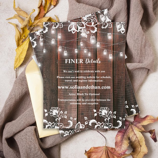 Rustika Ljus Sladd Lyktor Trähustru Bröllopsdetalj Tilläggskort (Rustic Wood String Lights Wedding Details Card | Barn Lace Wood Enclosure Information Card)