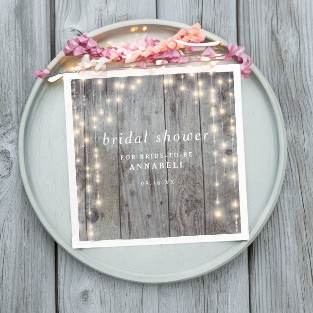 Rustika Ljus Trä Bröllopsdusch Pappersservett (Rustic String Lights Wood Texture Bridal Shower Napkins)