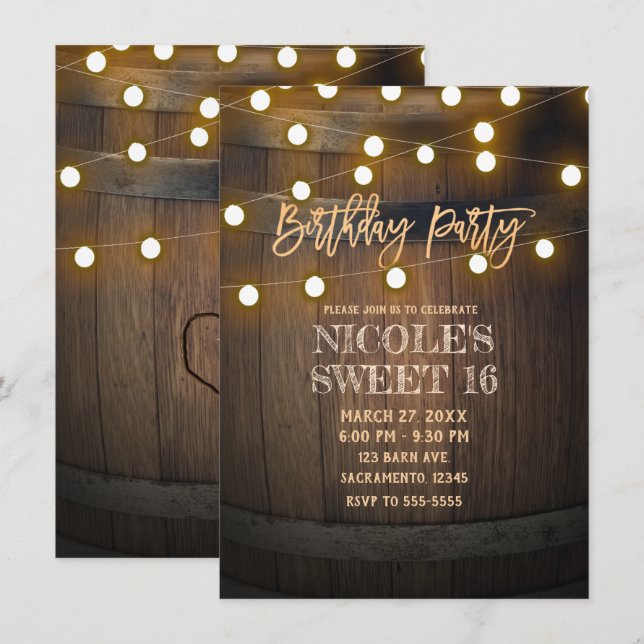 Rustika Ljusbelysning i Trätunna Födelsedagsfest Inbjudningar (Fram/baksida)