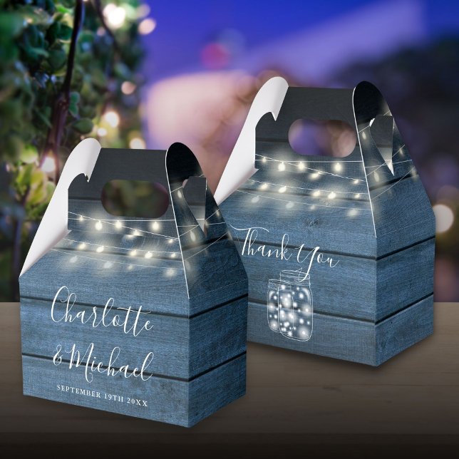 Rustika Ljusblå Trästrängljus Bröllop Presentaskar (Rustic Blue Wood String Lights Wedding Favor Box)