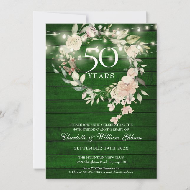 Rustika Ljusgirland i Trä med Blommor 50-årsjubile Inbjudningar (Framsida)