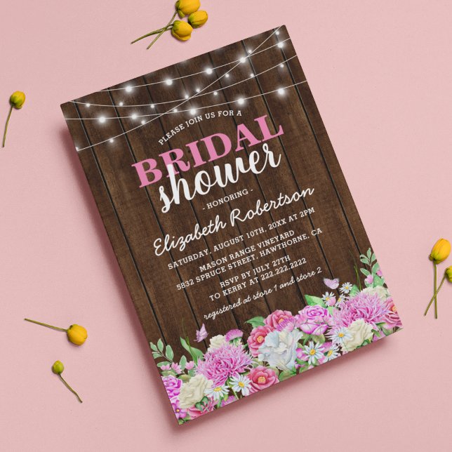 Rustika ljusgirlander med rosa blommor för bröllop inbjudningar (Skapare uppladdad)