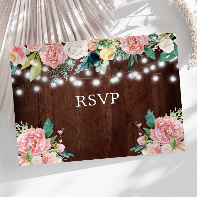 Rustika Ljusgirlander Rosa Blommig Bröllop RSVP Vykort (Skapare uppladdad)
