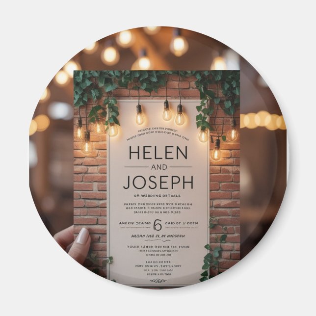 Rustika Ljuskedjor Med Tegelvägg och Grönt Wedding Magnet (Framsidan)