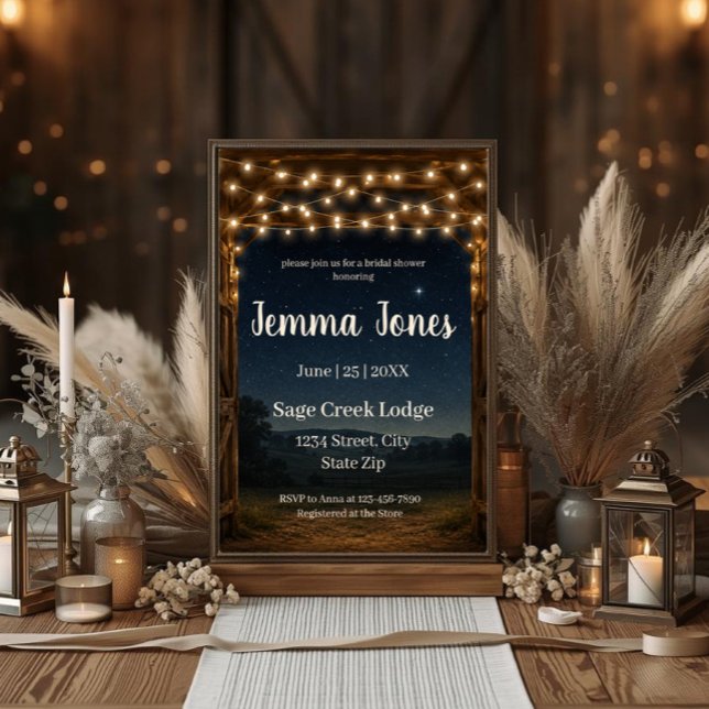 Rustika Ljuskedjor Natt Himmel Bröllopsfest Inbjudningar (Rustic bridal shower invitation with string lights, starry sky, wood beams, and custom details.)